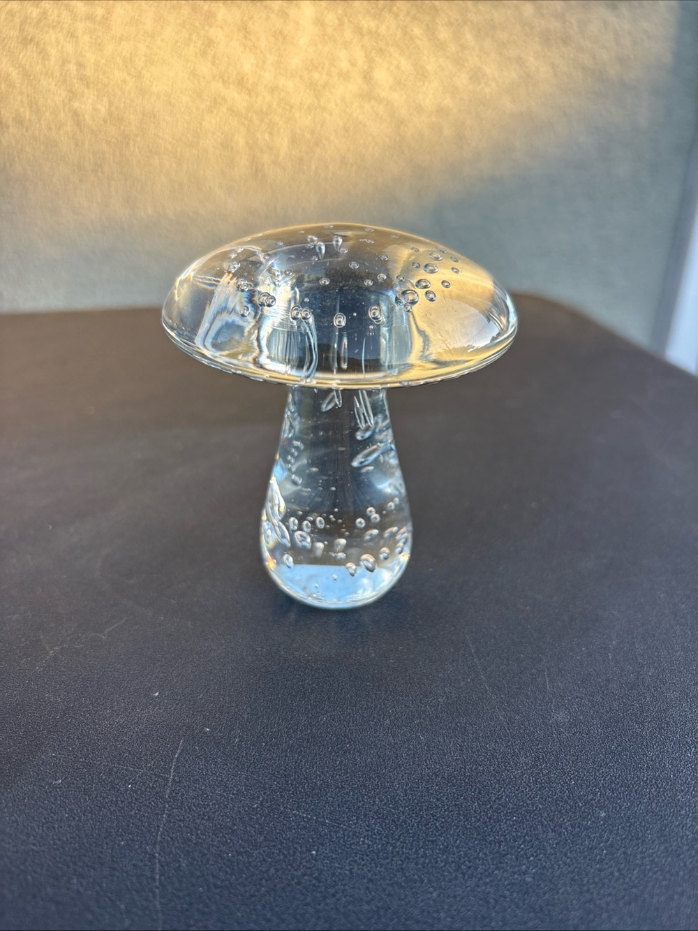Glass mushroom paperweight clear 3.5” with bubble inclusions—NO damage
